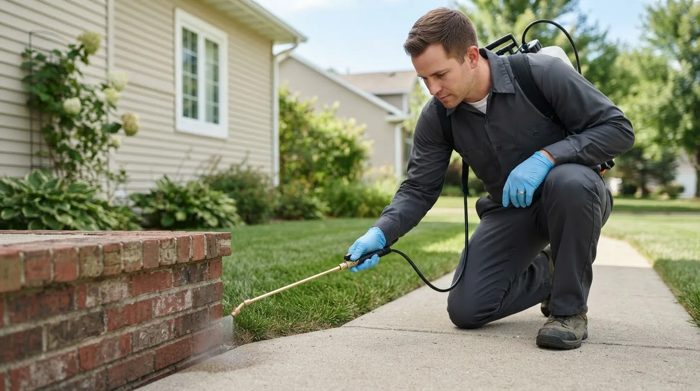 Pest control technician treating a home near Hurst, IL